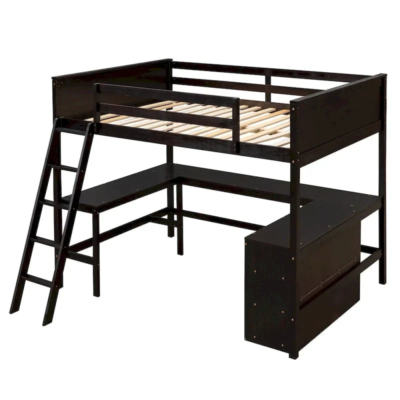 Letto a soppalco matrimoniale con mensole e scrivania, Letto a soppalco in legno con scrivania