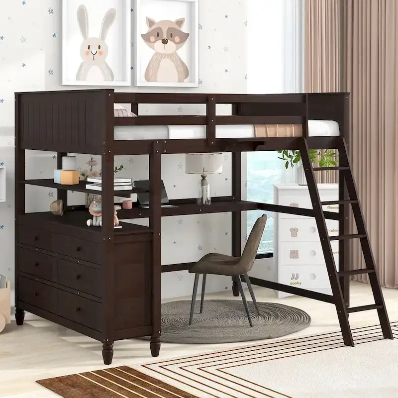 Lit mezzanine double avec tiroirs et bureau, Lit mezzanine en bois avec étagères