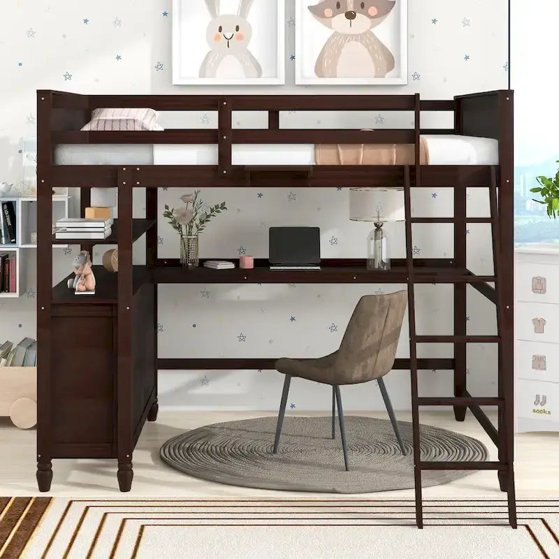 Lit mezzanine double avec tiroirs et bureau, Lit mezzanine en bois avec étagères