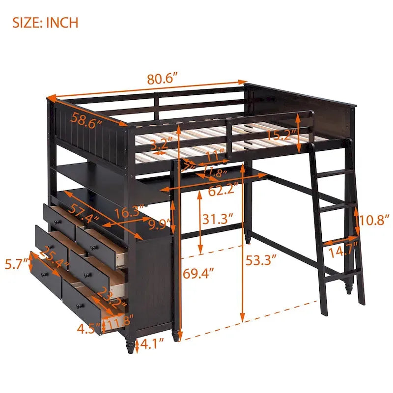 Lit mezzanine double avec tiroirs et bureau, Lit mezzanine en bois avec étagères
