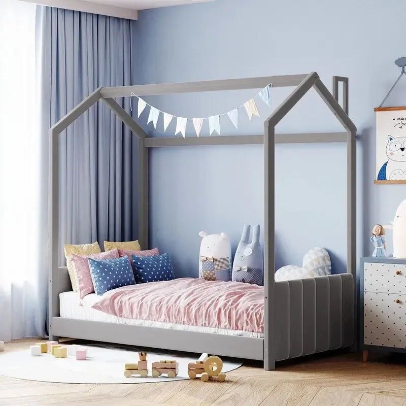 Lit cabane en velours pour lit jumeau, lit au sol en bois