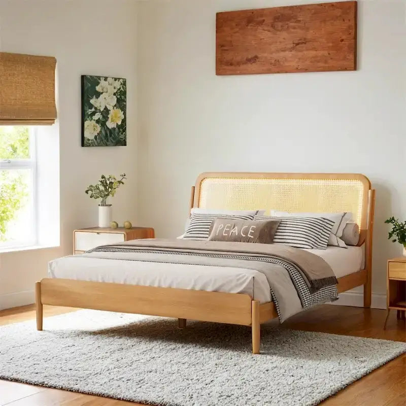 Letto matrimoniale con contenitore in legno e luce LED, testiera in rattan