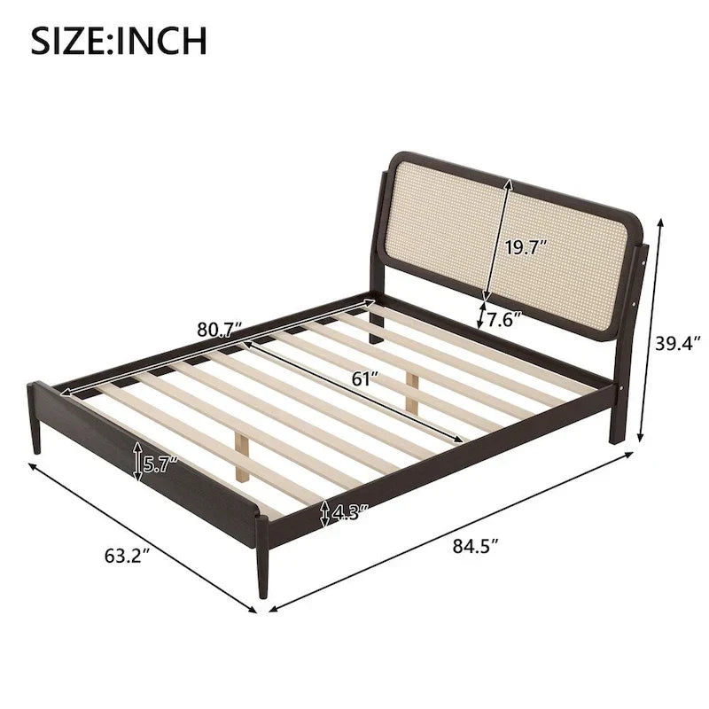 Letto matrimoniale con contenitore in legno e luce LED, testiera in rattan