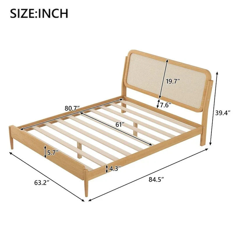 Letto matrimoniale con contenitore in legno e luce LED, testiera in rattan