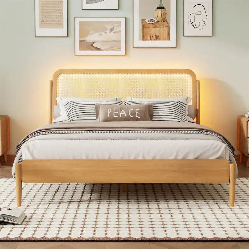 Letto matrimoniale con contenitore in legno e luce LED, testiera in rattan