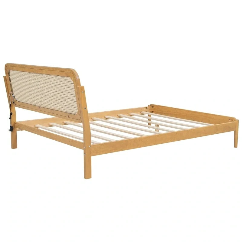 Letto matrimoniale con contenitore in legno e luce LED, testiera in rattan