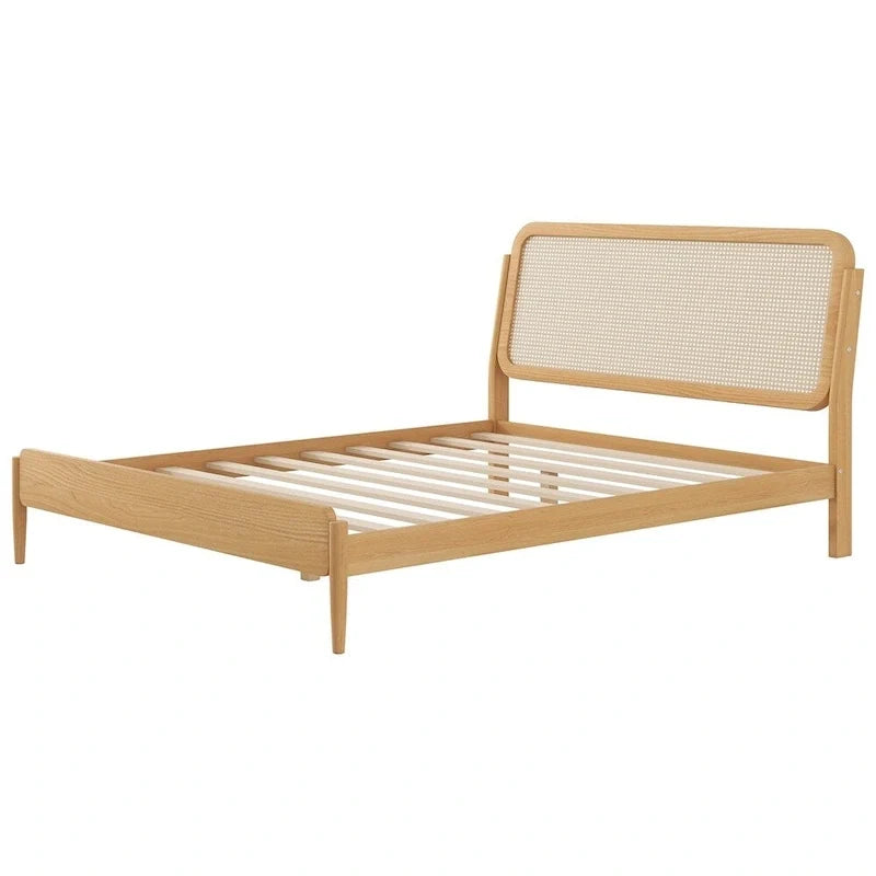Letto matrimoniale con contenitore in legno e luce LED, testiera in rattan