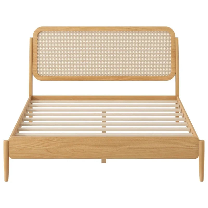 Letto matrimoniale con contenitore in legno e luce LED, testiera in rattan