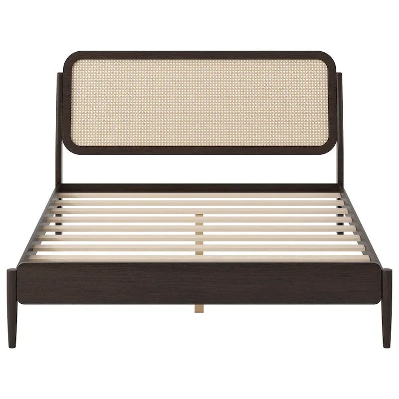 Letto matrimoniale con contenitore in legno e luce LED, testiera in rattan
