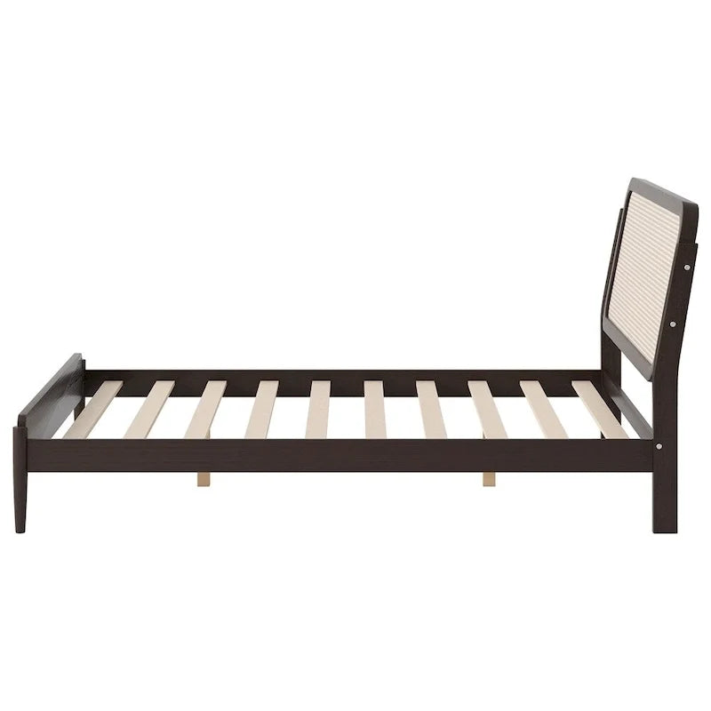 Letto matrimoniale con contenitore in legno e luce LED, testiera in rattan