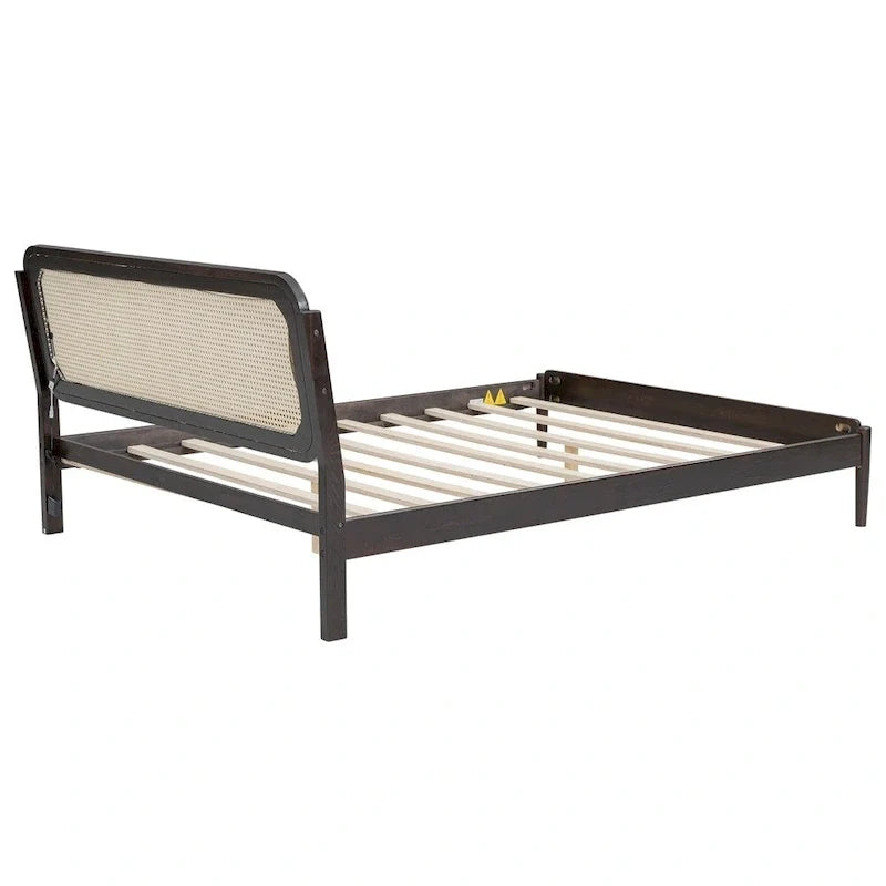 Letto matrimoniale con contenitore in legno e luce LED, testiera in rattan