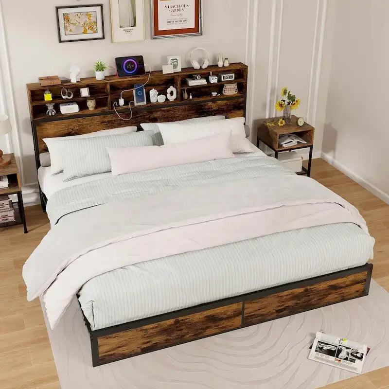Costway Struttura Letto Matrimoniale/Una Piazza e Mezza/Queen/King Size con Stazione di Ricarica e Contenitore