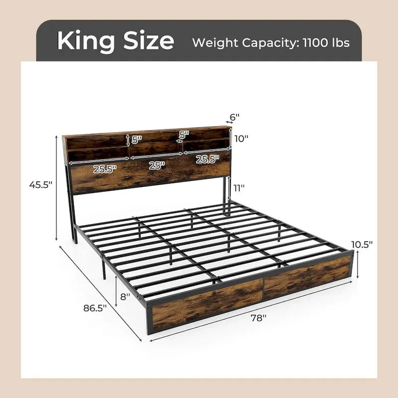 Costway Struttura Letto Matrimoniale/Una Piazza e Mezza/Queen/King Size con Stazione di Ricarica e Contenitore