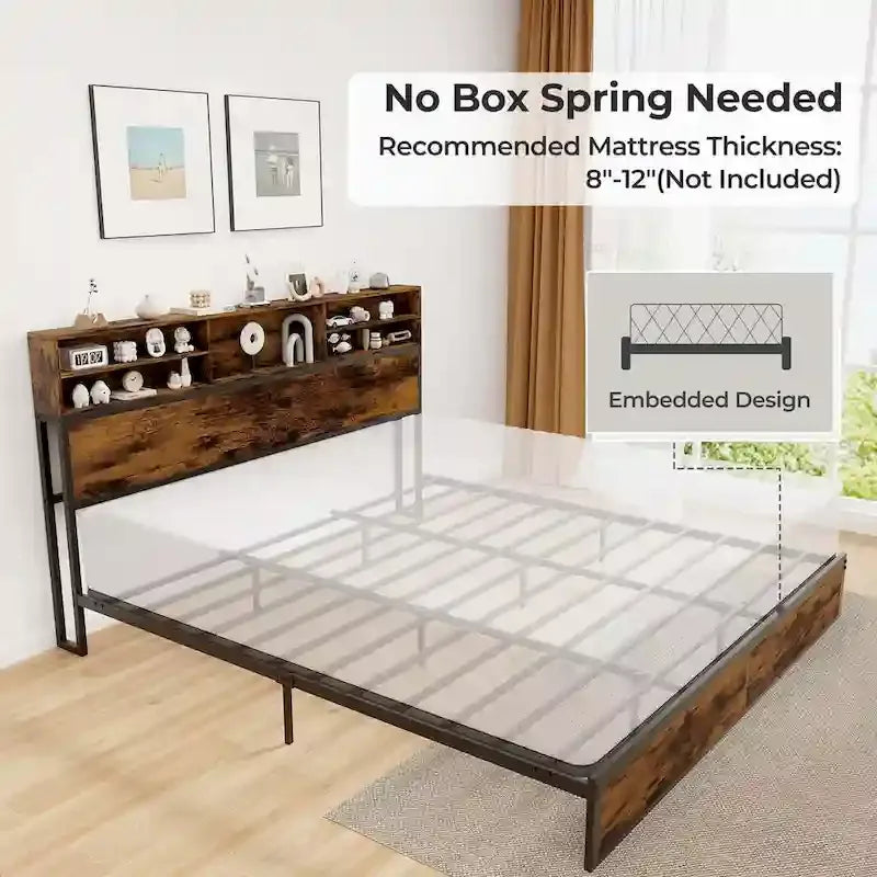 Costway Struttura Letto Matrimoniale/Una Piazza e Mezza/Queen/King Size con Stazione di Ricarica e Contenitore