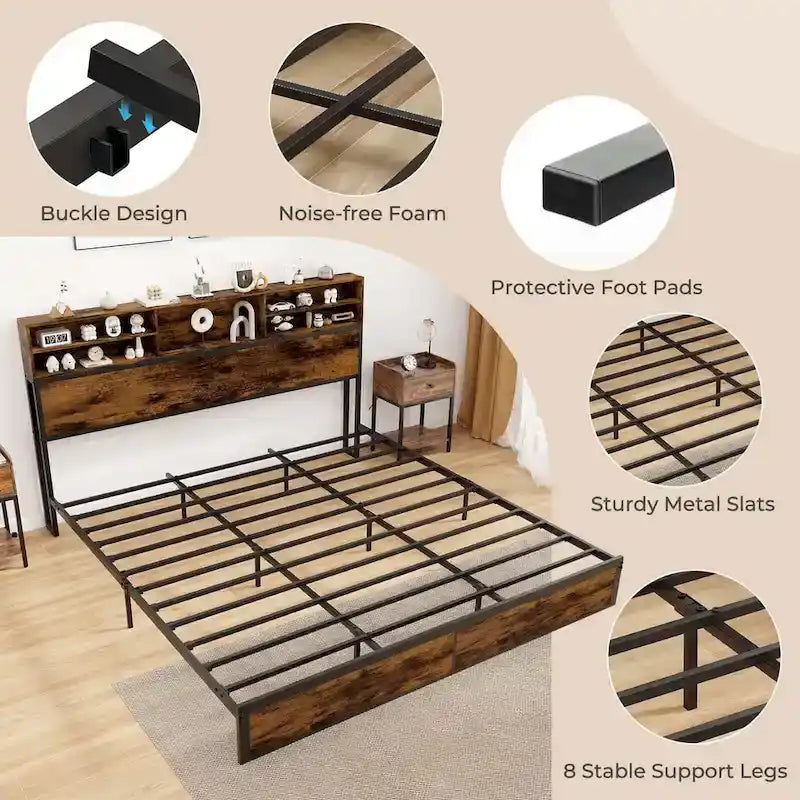 Costway Struttura Letto Matrimoniale/Una Piazza e Mezza/Queen/King Size con Stazione di Ricarica e Contenitore