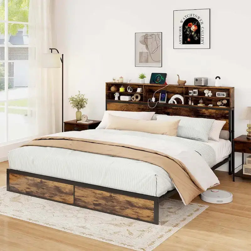 Costway Struttura Letto Matrimoniale/Una Piazza e Mezza/Queen/King Size con Stazione di Ricarica e Contenitore