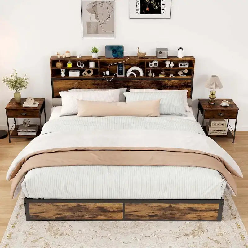 Costway Struttura Letto Matrimoniale/Una Piazza e Mezza/Queen/King Size con Stazione di Ricarica e Contenitore