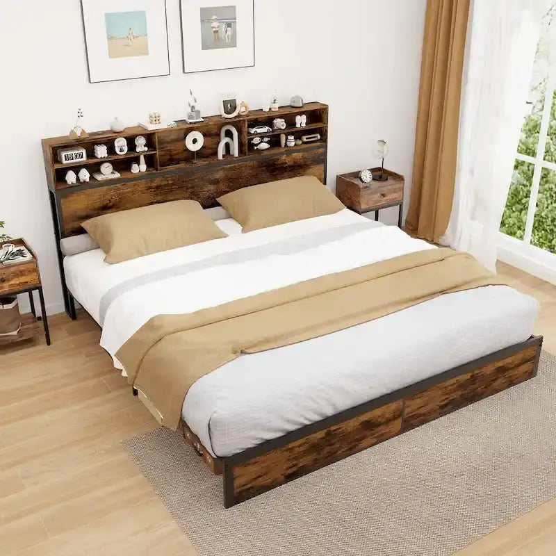 Costway Struttura Letto Matrimoniale/Una Piazza e Mezza/Queen/King Size con Stazione di Ricarica e Contenitore