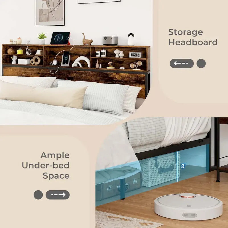 Costway Struttura Letto Matrimoniale/Una Piazza e Mezza/Queen/King Size con Stazione di Ricarica e Contenitore