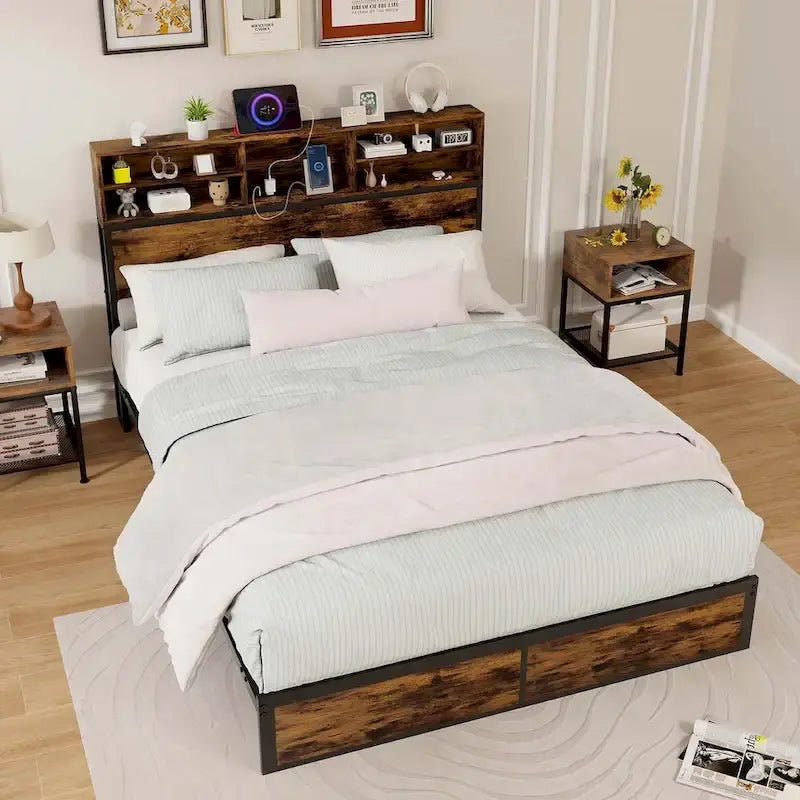 Costway Struttura Letto Matrimoniale/Una Piazza e Mezza/Queen/King Size con Stazione di Ricarica e Contenitore