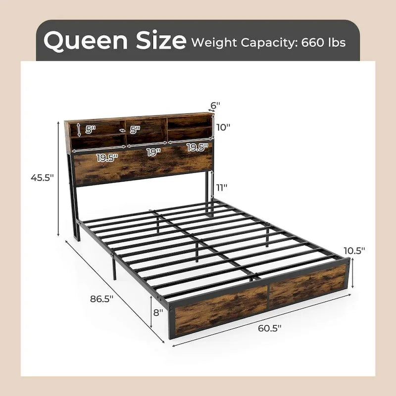 Costway Struttura Letto Matrimoniale/Una Piazza e Mezza/Queen/King Size con Stazione di Ricarica e Contenitore