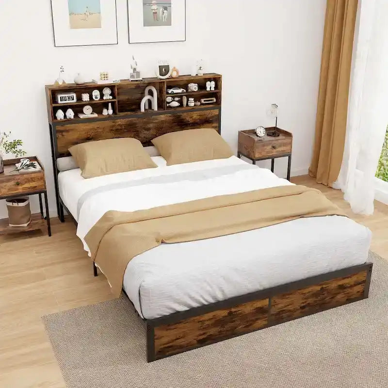 Costway Struttura Letto Matrimoniale/Una Piazza e Mezza/Queen/King Size con Stazione di Ricarica e Contenitore