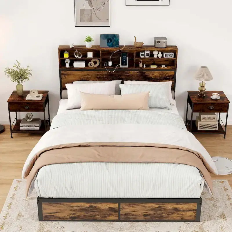 Costway Struttura Letto Matrimoniale/Una Piazza e Mezza/Queen/King Size con Stazione di Ricarica e Contenitore