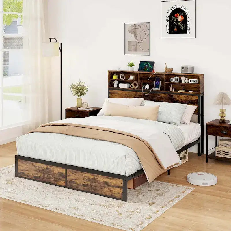 Costway Struttura Letto Matrimoniale/Una Piazza e Mezza/Queen/King Size con Stazione di Ricarica e Contenitore