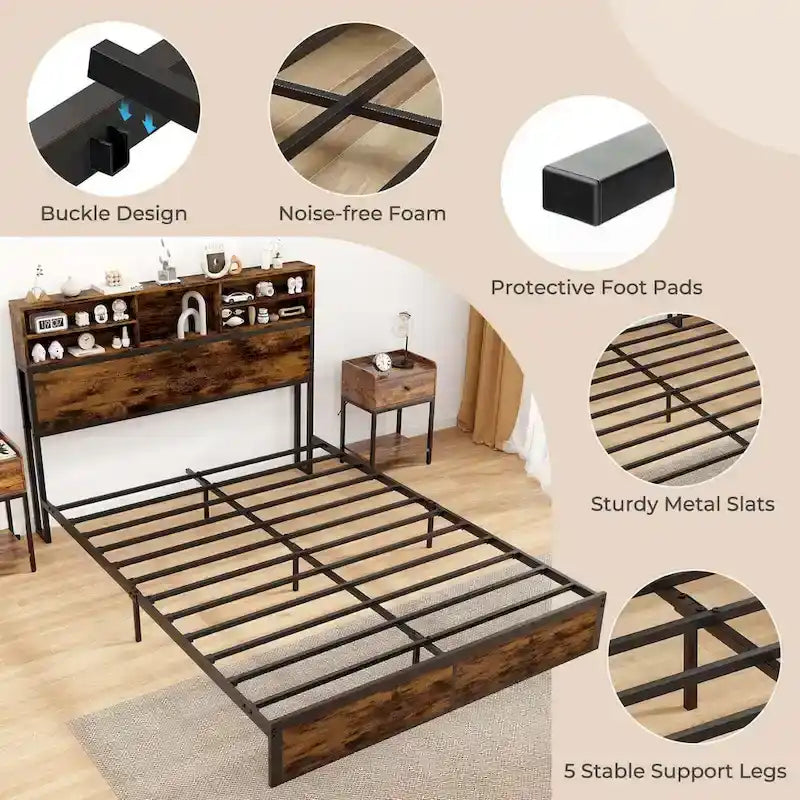 Costway Struttura Letto Matrimoniale/Una Piazza e Mezza/Queen/King Size con Stazione di Ricarica e Contenitore