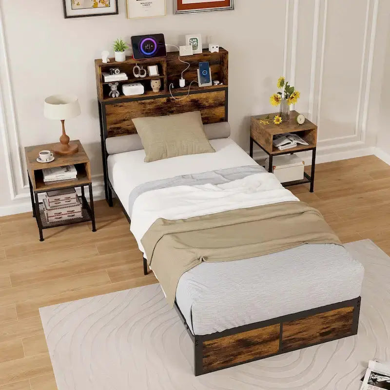 Costway Struttura Letto Matrimoniale/Una Piazza e Mezza/Queen/King Size con Stazione di Ricarica e Contenitore