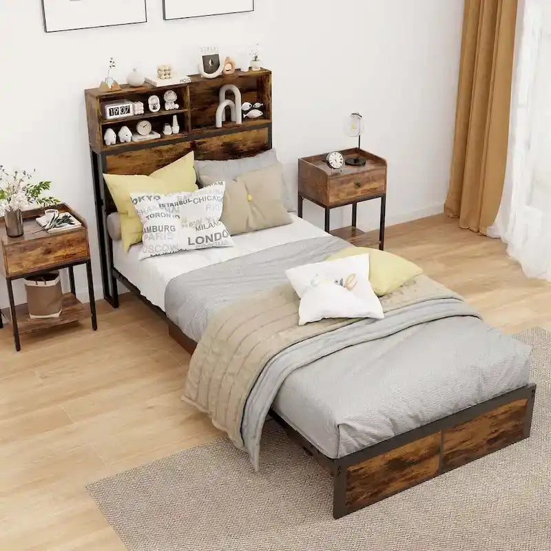 Costway Struttura Letto Matrimoniale/Una Piazza e Mezza/Queen/King Size con Stazione di Ricarica e Contenitore