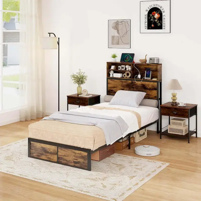 Costway Struttura Letto Matrimoniale/Una Piazza e Mezza/Queen/King Size con Stazione di Ricarica e Contenitore