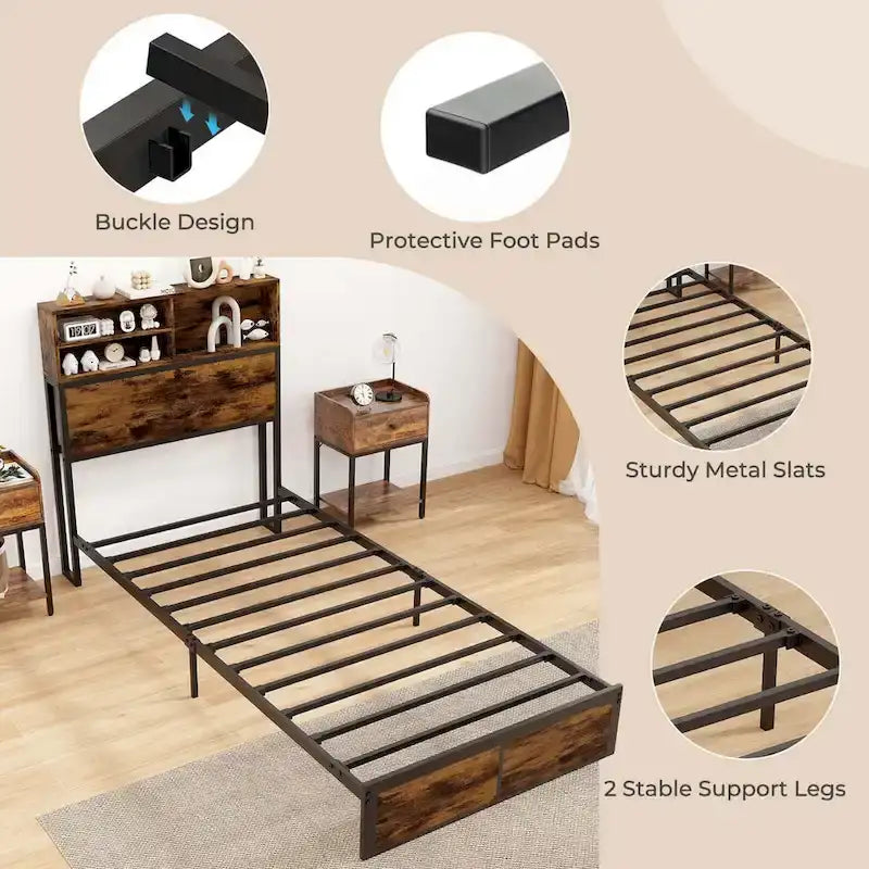 Costway Struttura Letto Matrimoniale/Una Piazza e Mezza/Queen/King Size con Stazione di Ricarica e Contenitore