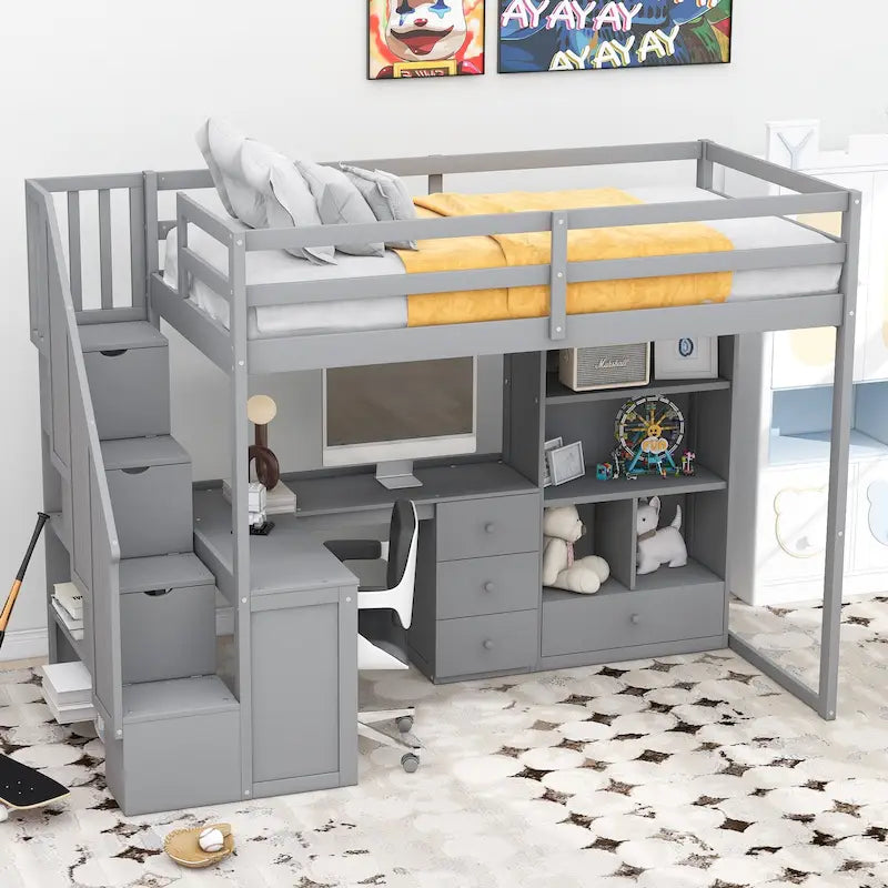 Twin Size Loft Bed w/L-Shaped Desk,Drawers,Cabinet,Storage Staircase
