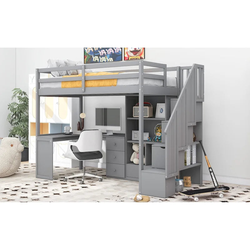 Twin Size Loft Bed w/L-Shaped Desk,Drawers,Cabinet,Storage Staircase