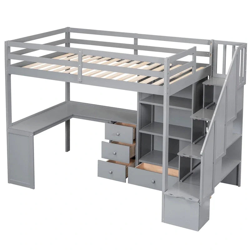 Twin Size Loft Bed w/L-Shaped Desk,Drawers,Cabinet,Storage Staircase