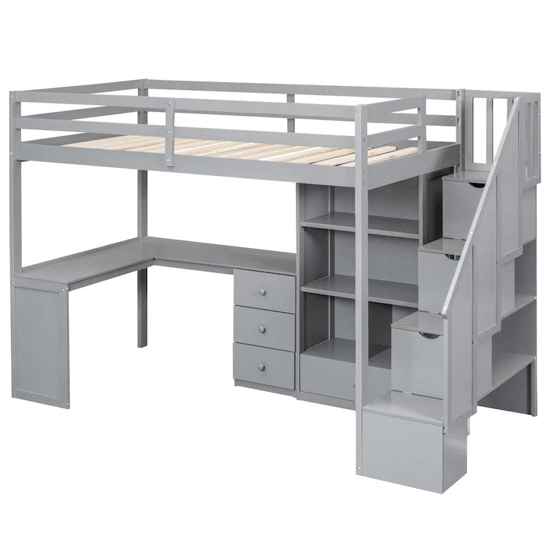 Twin Size Loft Bed w/L-Shaped Desk,Drawers,Cabinet,Storage Staircase