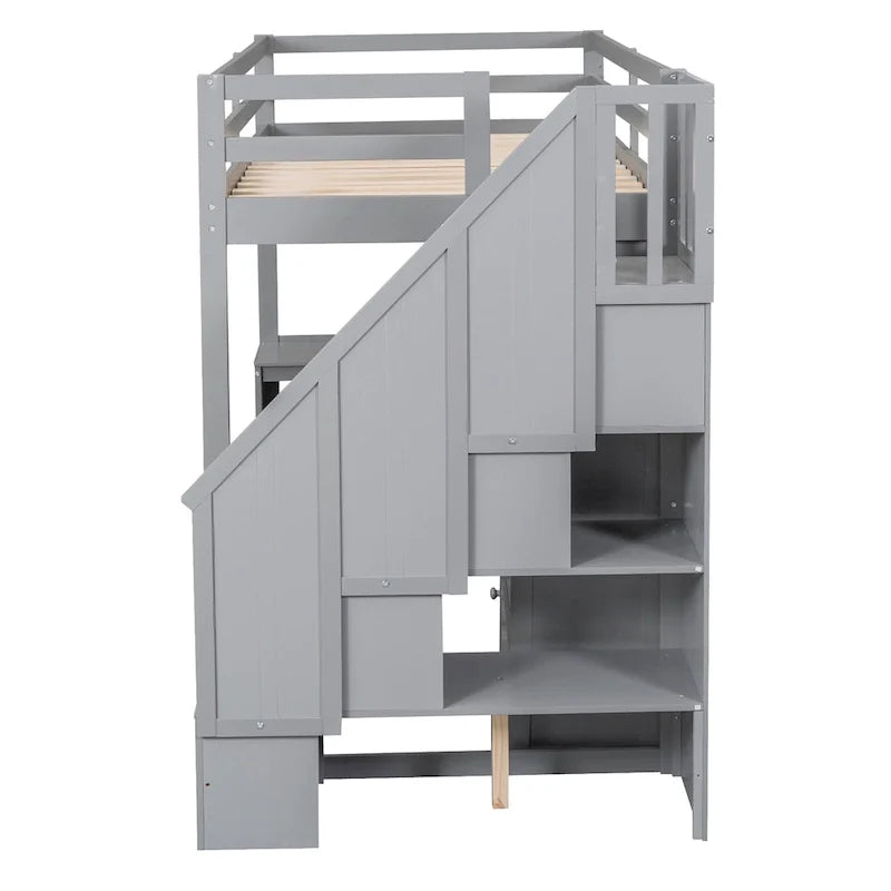 Twin Size Loft Bed w/L-Shaped Desk,Drawers,Cabinet,Storage Staircase