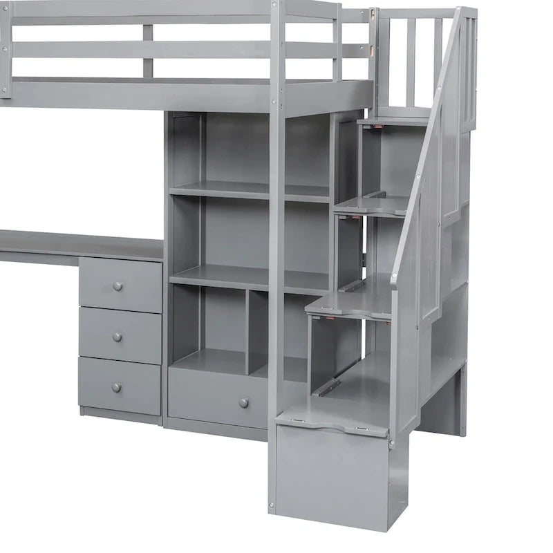 Twin Size Loft Bed w/L-Shaped Desk,Drawers,Cabinet,Storage Staircase