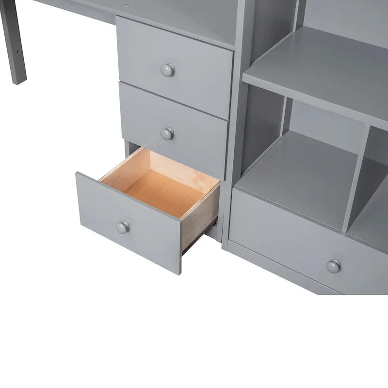 Twin Size Loft Bed w/L-Shaped Desk,Drawers,Cabinet,Storage Staircase