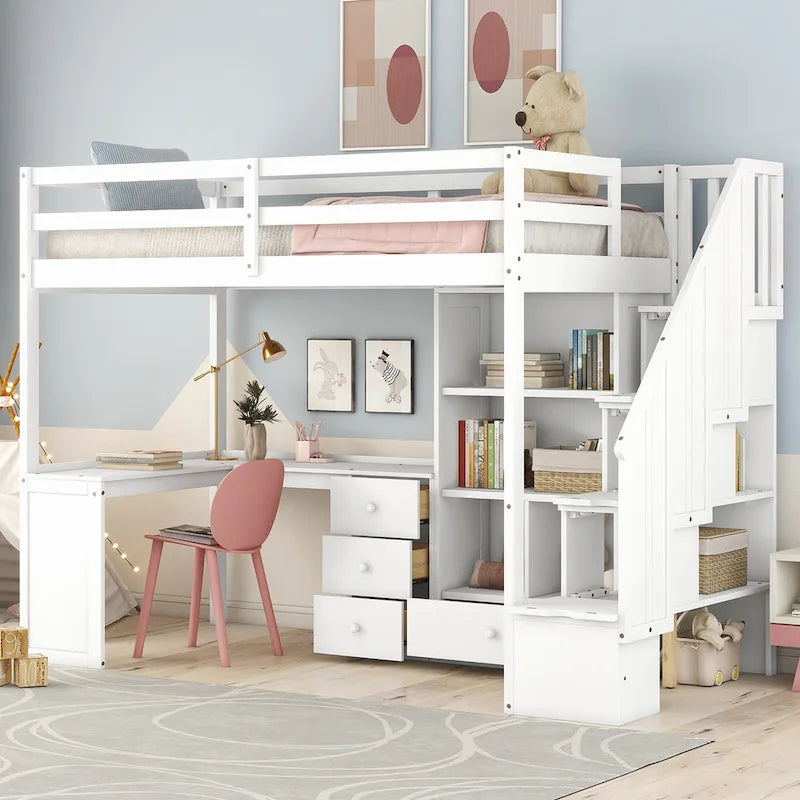 Twin Size Loft Bed w/L-Shaped Desk,Drawers,Cabinet,Storage Staircase