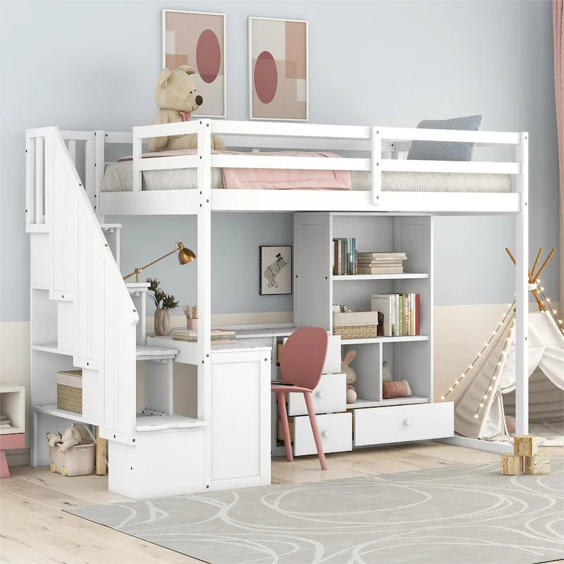 Twin Size Loft Bed w/L-Shaped Desk,Drawers,Cabinet,Storage Staircase