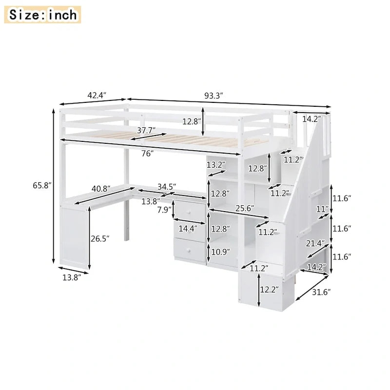 Twin Size Loft Bed w/L-Shaped Desk,Drawers,Cabinet,Storage Staircase