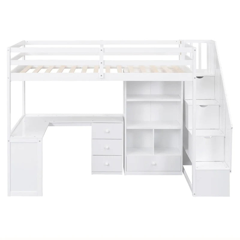 Twin Size Loft Bed w/L-Shaped Desk,Drawers,Cabinet,Storage Staircase