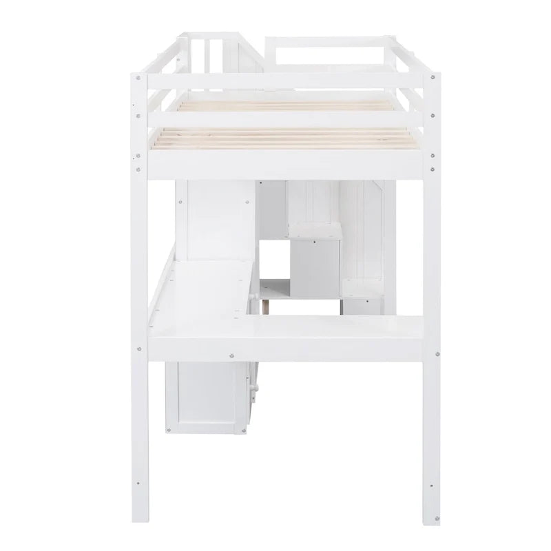 Twin Size Loft Bed w/L-Shaped Desk,Drawers,Cabinet,Storage Staircase