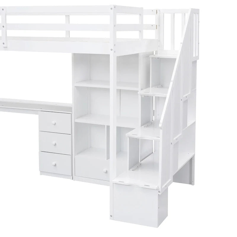 Twin Size Loft Bed w/L-Shaped Desk,Drawers,Cabinet,Storage Staircase