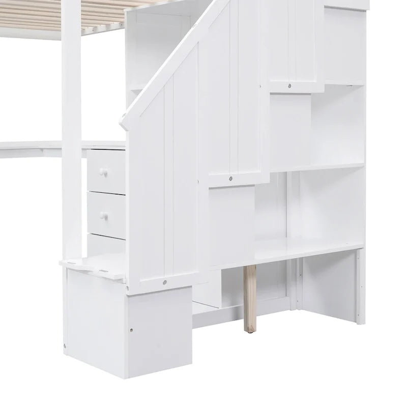 Twin Size Loft Bed w/L-Shaped Desk,Drawers,Cabinet,Storage Staircase