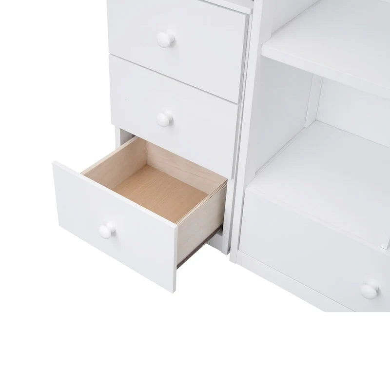 Twin Size Loft Bed w/L-Shaped Desk,Drawers,Cabinet,Storage Staircase