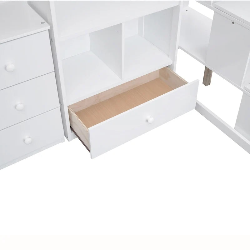 Twin Size Loft Bed w/L-Shaped Desk,Drawers,Cabinet,Storage Staircase