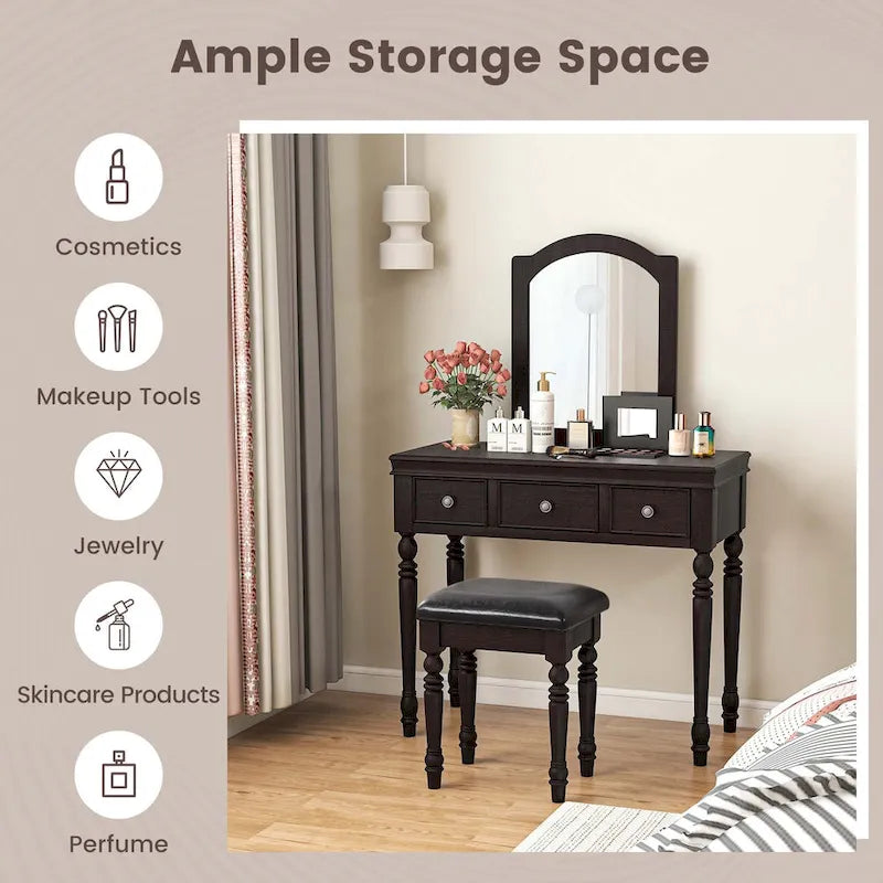 Costway Coiffeuse avec Tabouret Rembourré et 3 Grands Tiroirs - Voir Détails